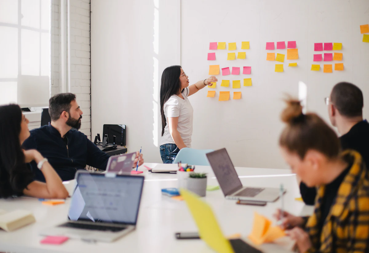 Brand strategy session in progress with printed material
