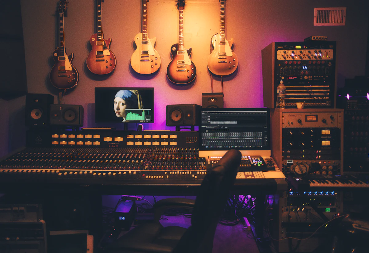 Hands working a mixing desk during an audio session