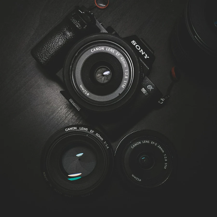 Professional camera body and prime lens on a work surface